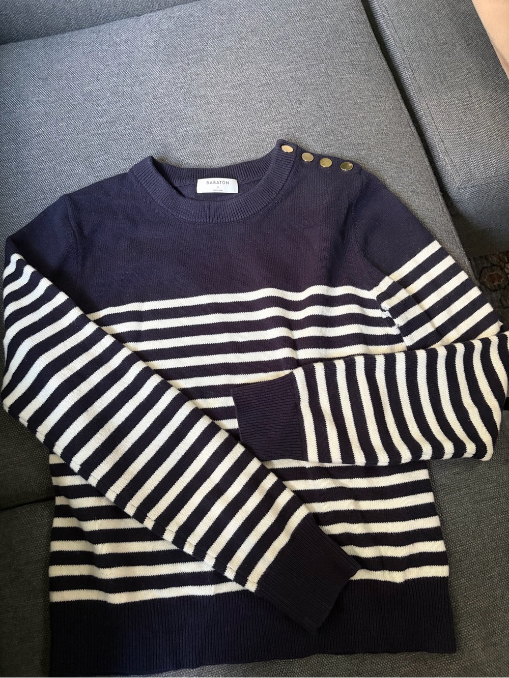 Babaton Navy & White Striped Crewneck Sweater with Shoulder Buttons